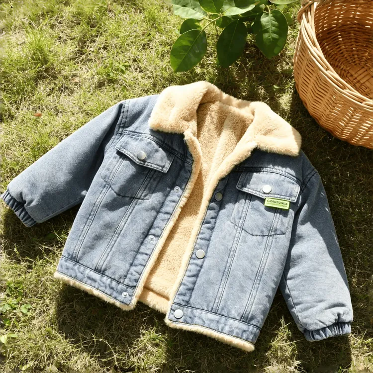 儿童日常百搭保暖外套宝宝秋冬加绒牛仔衣毛绒领舒适款潮流装饰标