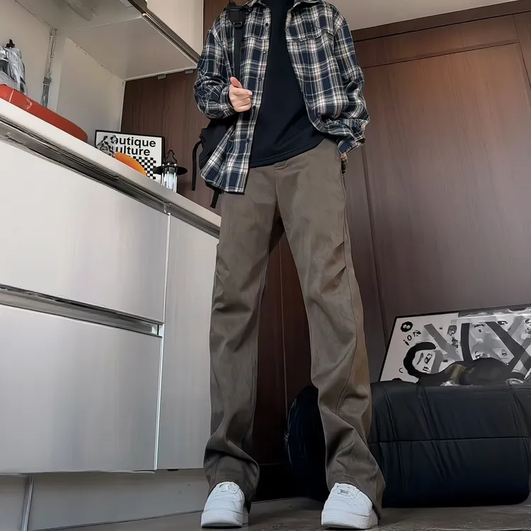 美式高街ins褶皱休闲裤子男士秋冬加绒加厚直筒潮流复古百搭长裤