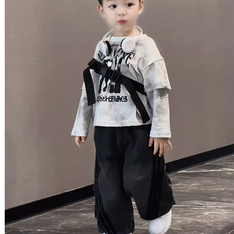 男童春季洋气套装2025男童套装春秋拉条牛仔裤超酷洋气扎染长袖潮