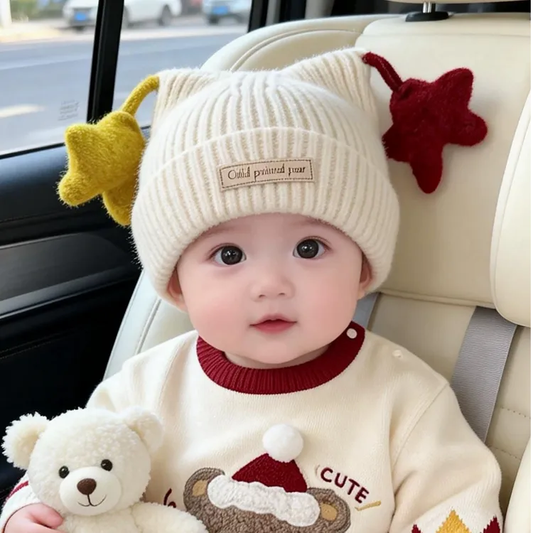 宝宝帽子冬天毛线帽喜庆红色新年帽婴幼儿加厚保暖针织护耳帽可爱