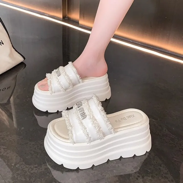 小香风增高8cm厚底拖鞋女外穿2025夏季新款小个子松糕沙滩一字拖