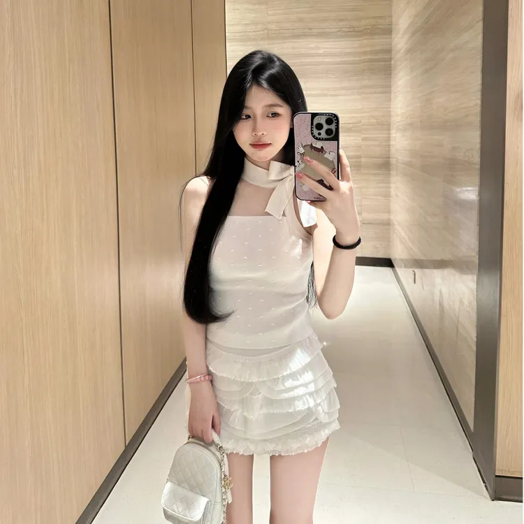 韩系甜美少女2025夏季新款性感网纱拼接蝴蝶结背心上衣配短裙套装