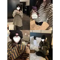韩系条纹软糯磨毛休闲T恤女秋季新款宽松上衣    60956