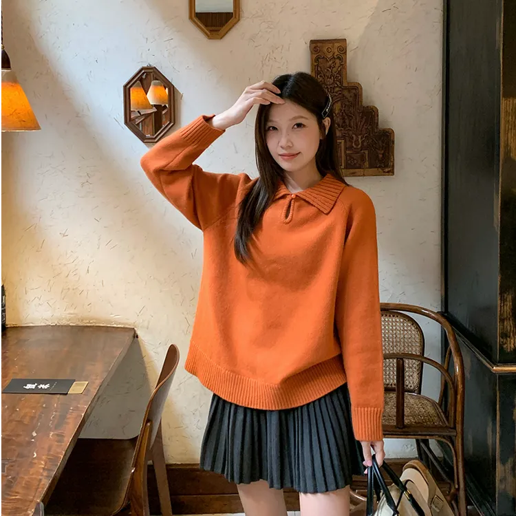 秋冬款胖mm大码女休闲设计感翻领镂空宽松显瘦长袖毛织上衣 72118