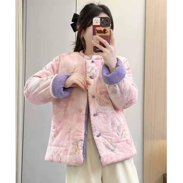 XP 双面穿「粉紫花漾」中式加厚小花袄