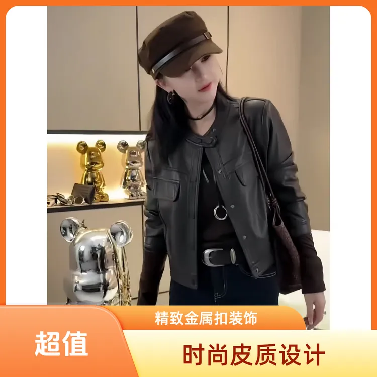 2025秋季新款圆领宽松型女士皮衣男友风工装风短款休闲百搭上衣