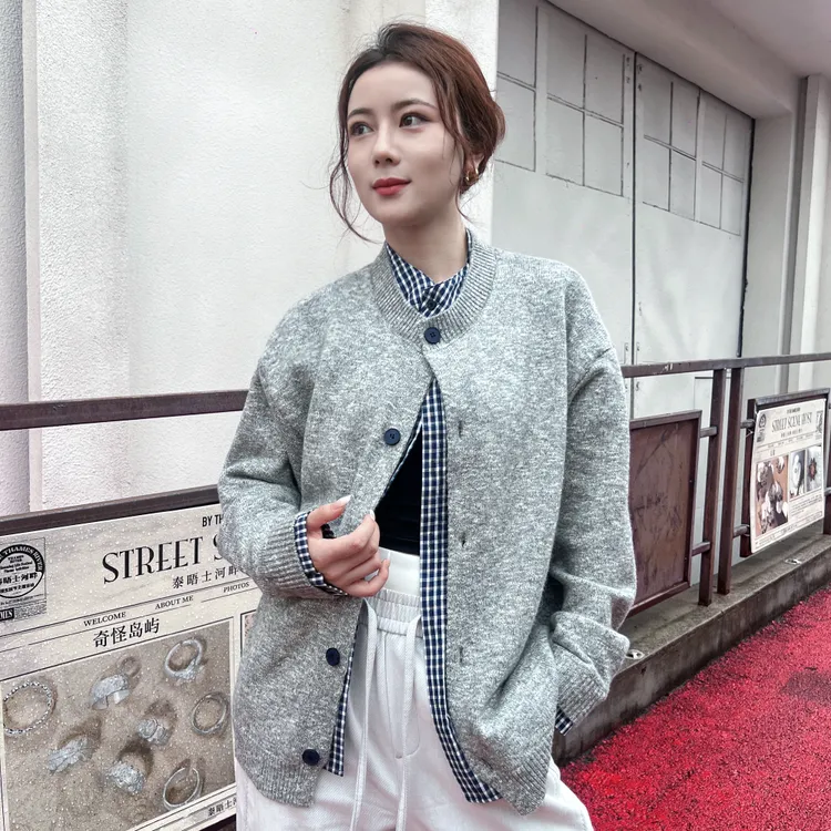 标准宽松开衫常规秋冬圆领毛衣短外套薄款秋季拼接