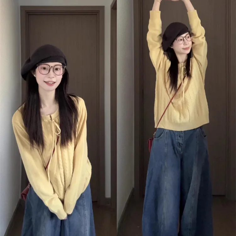 韩系chic蝴蝶结系带圆领长袖针织衫女设计感甜美风气质百搭上衣潮