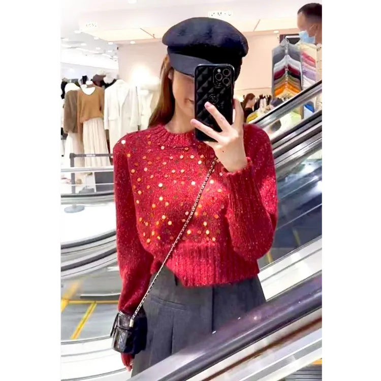 法式气质亮片短款针织衫套头新款长袖重工圆领红色慵懒毛衣女上衣