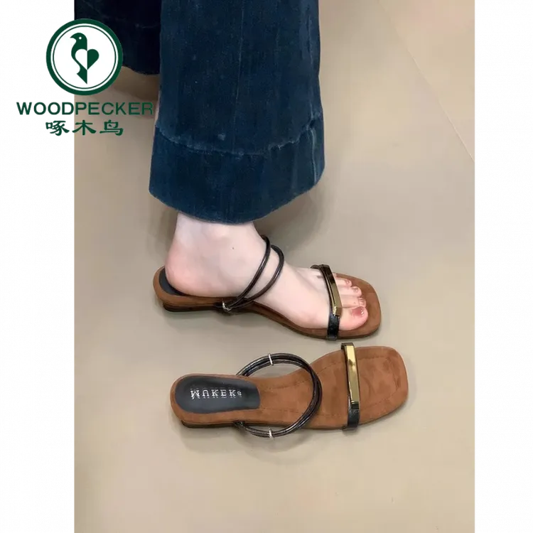 啄木鸟法式绝美凉鞋女外穿2025新款夏季配裙子露趾两穿坡跟凉拖鞋