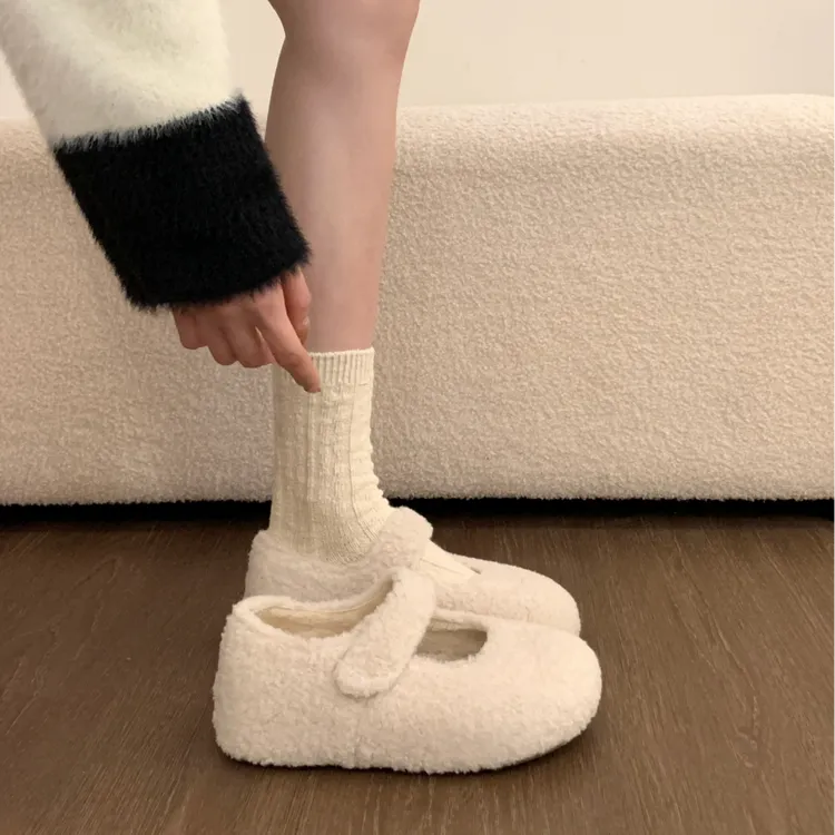 巨好看内增高厚底白色浅口毛毛鞋女2025新款冬季玛丽珍棉鞋豆豆鞋