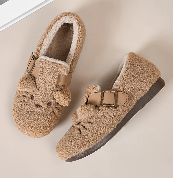 冬季新款加厚毛毛乐福鞋女保暖勃肯棉鞋毛茸一脚蹬平底防滑雪地靴