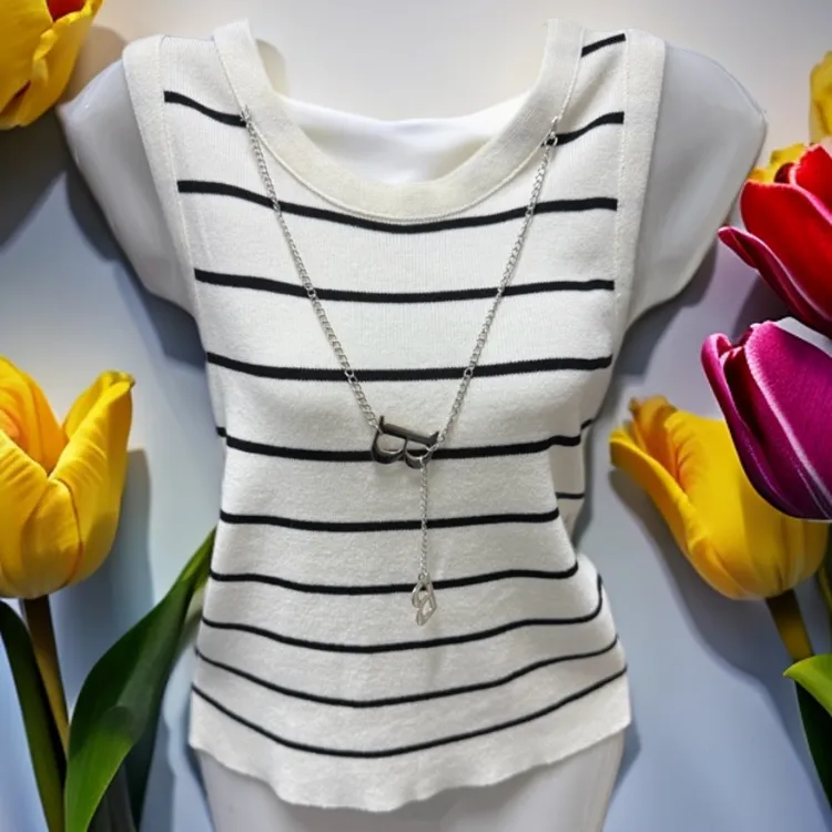 法式冰丝条纹宽边链条短款针织无袖吊带背心黑白圆领女夏季外穿