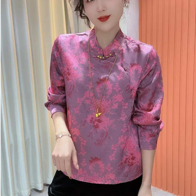 鑫坷秋季新款新中式时尚复古简约气质立领盘扣显瘦上衣女751