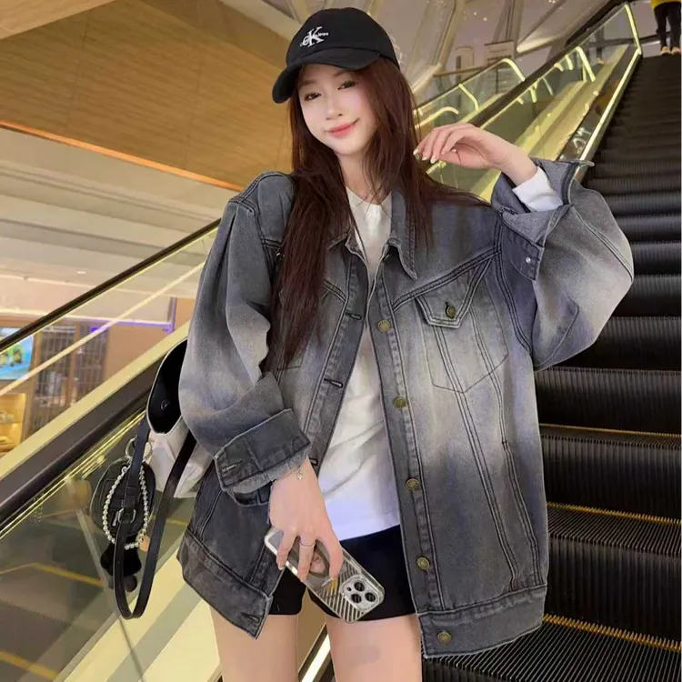 情侣款美式复古水洗黑灰渐变牛仔外套宽松潮流设计款2219