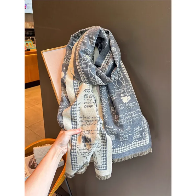 culv新款双面字母围巾女秋冬季韩版披肩长款重磅加厚保暖羊绒围脖