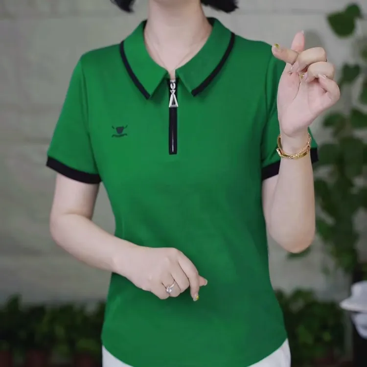 夏季新品翻领短袖正肩T恤宽松刺绣时尚修身短款休闲上衣（美段）
