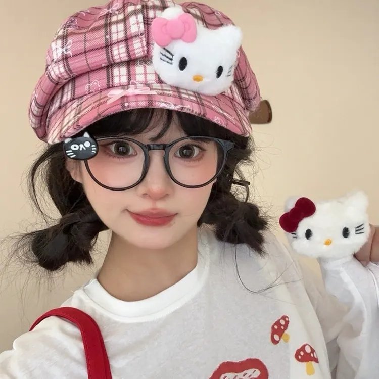 新款古早可爱Kitty格纹八角帽女显脸小鸭舌帽甜美百搭辣妹贝雷帽