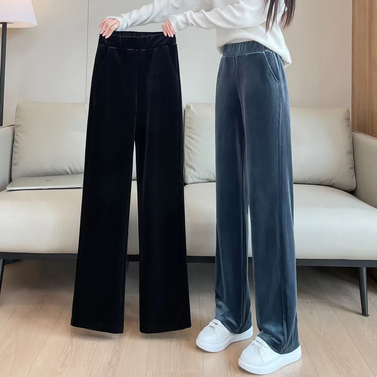 窄版金丝绒阔腿裤女秋冬新款高腰垂感休闲裤小个子加绒加厚直筒裤
