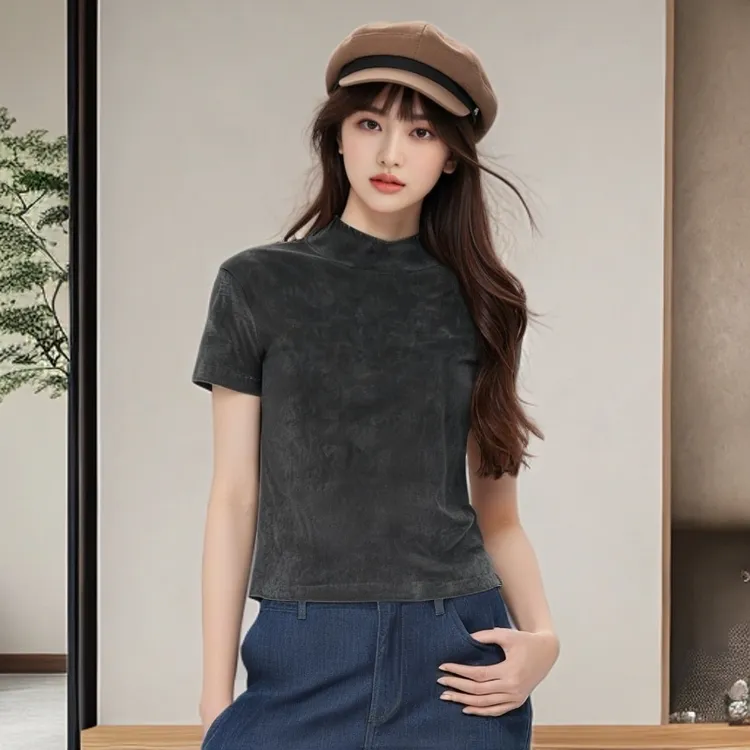深圳南油2025女装秋冬设计师经典复古金丝绒时尚运动气质短袖上衣