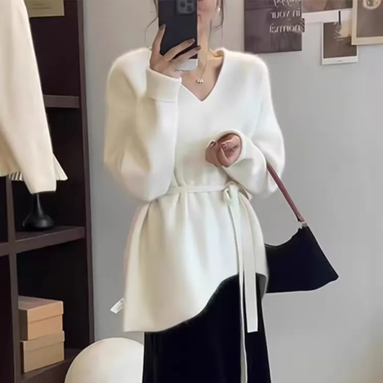 时尚秋冬慵懒风系带收腰毛衣女美式秋季新款宽松显瘦百搭针织上衣