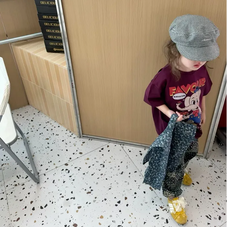 壹妈韩版童装女童夏季套装洋气儿童紫色卡通t恤短袖上衣碎花裤子