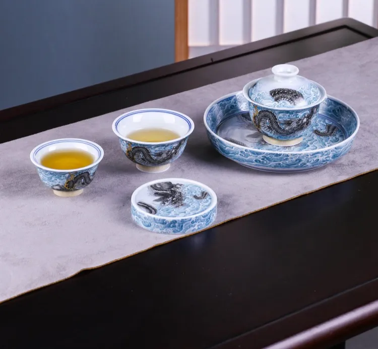 景德镇高温陶瓷釉上工艺海水纹碧海墨龙壶承盖碗茶杯套装礼盒装