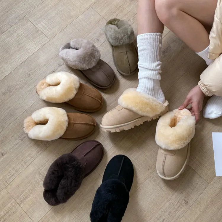 秋冬季韩版皮毛一体羊毛牛皮女款拖鞋毛毛拖鞋防滑保暖棉拖厚底