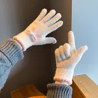 可触屏针织手套女秋冬季毛线保暖五指可爱学生冬天骑车新款蝴蝶结