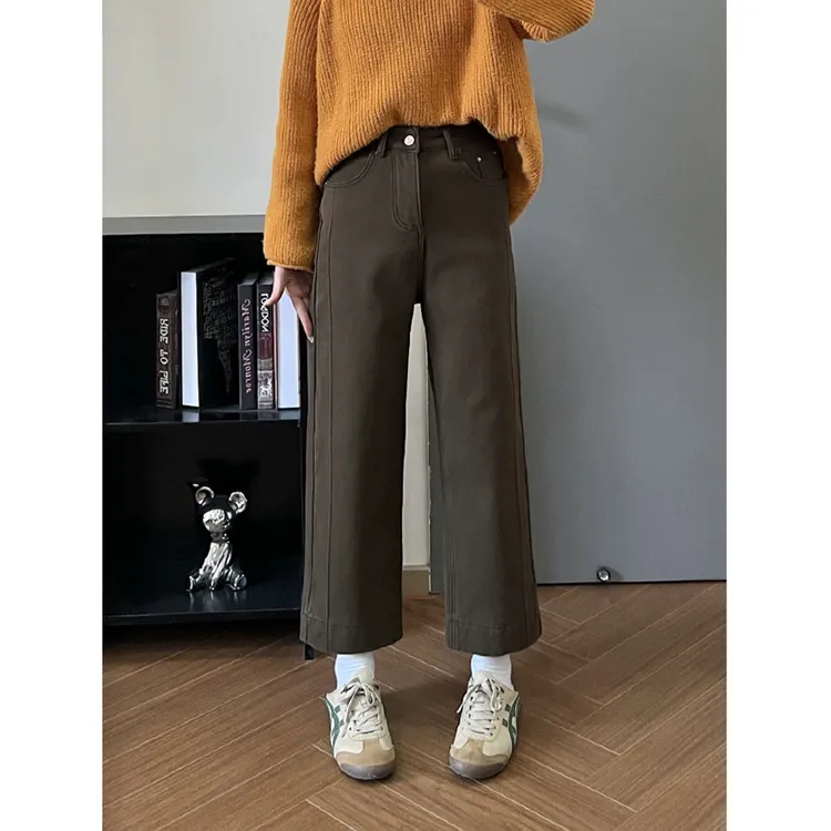 冬季美拉德咖色弹力牛仔裤女加绒加厚大码高腰遮胯显瘦九分直筒裤