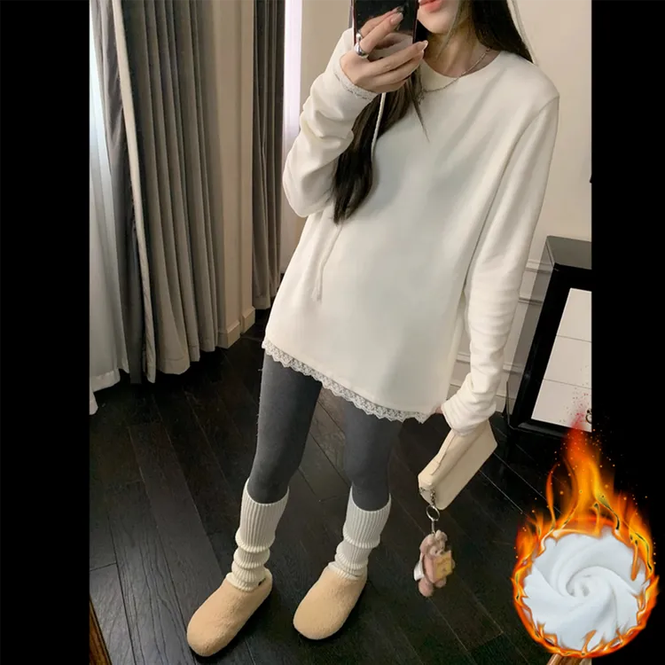 德绒加厚白色圆领蕾丝拼接设计感长袖T恤秋冬女内搭宽松打底上衣