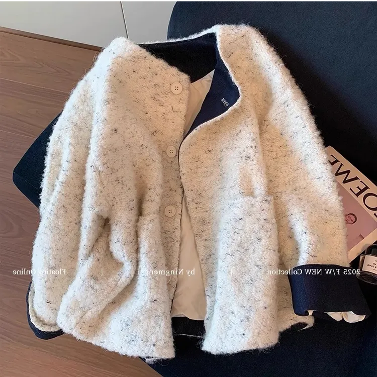 撞色拼接毛呢外套女装2025年秋冬新款高级感时髦气质百搭显瘦上衣