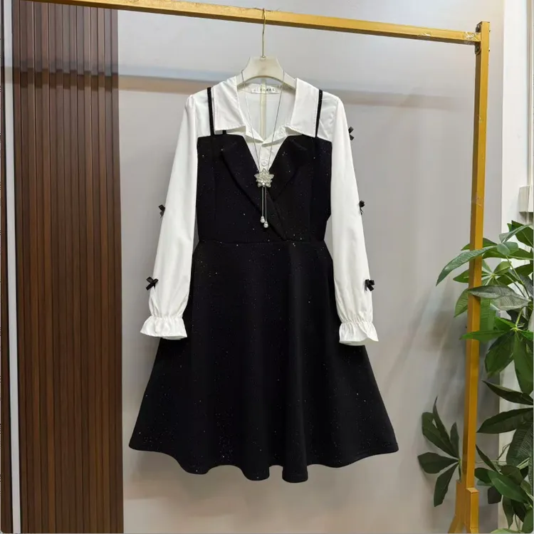 早秋新款时洋气微胖遮肉小蝴蝶结设计假两件显瘦大码连衣裙