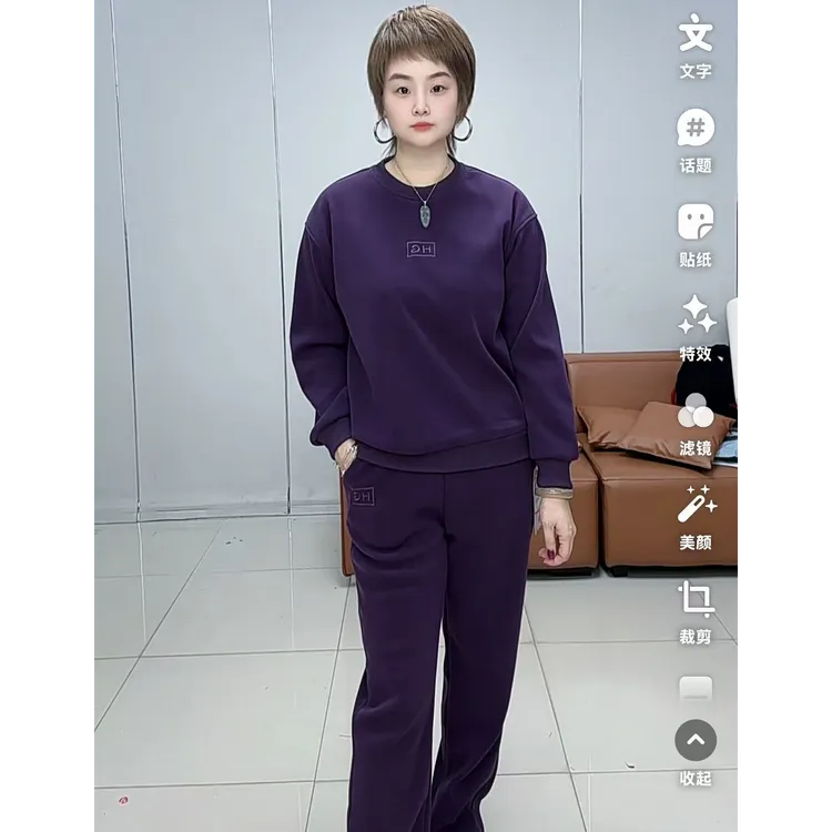 小施家高货时尚设计版纯色刺绣显高显瘦加绒套装9821