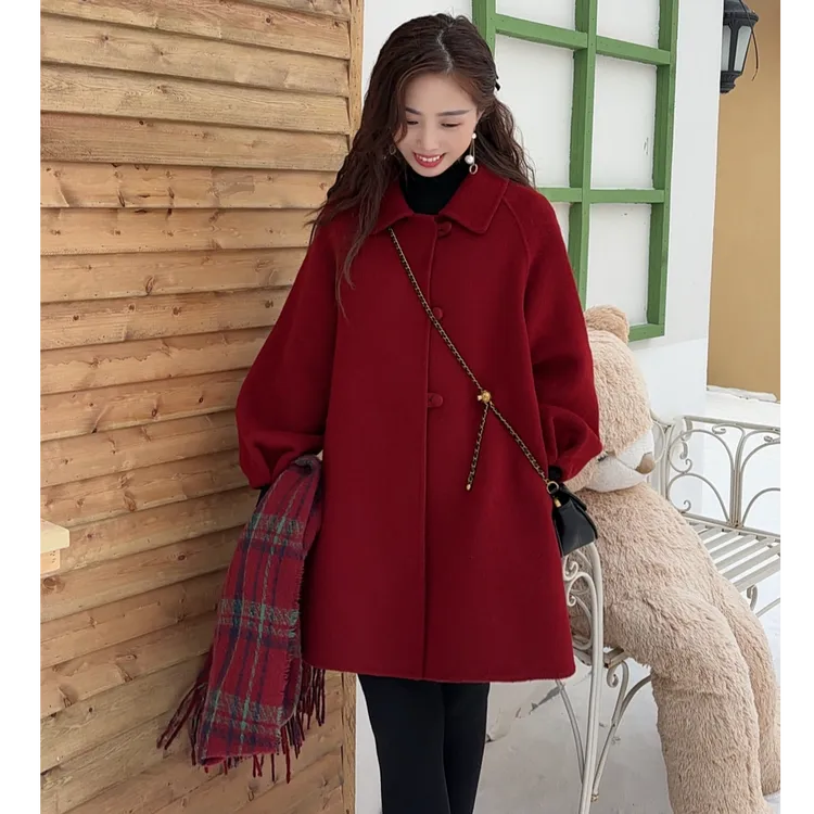 灯笼袖A字版娃娃领羊毛外套秋冬加厚羊毛外套大衣2511