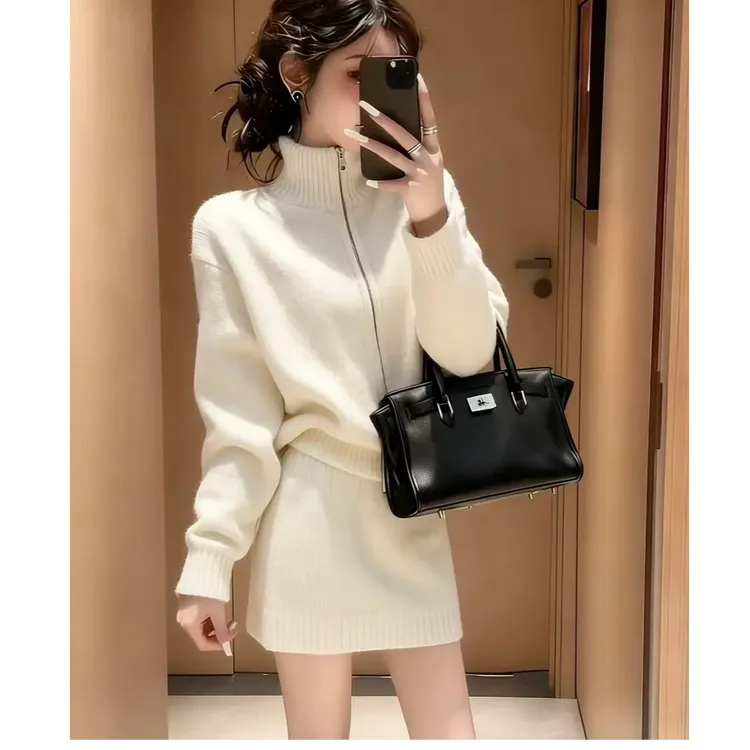 秋冬搭配一整套气质高级感灰色高领毛衣显瘦半身裙针织套装