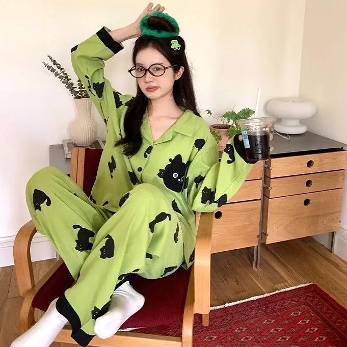 【星】睡衣女可爱小黑猫长袖睡衣女秋季可外穿薄款家居服套装137