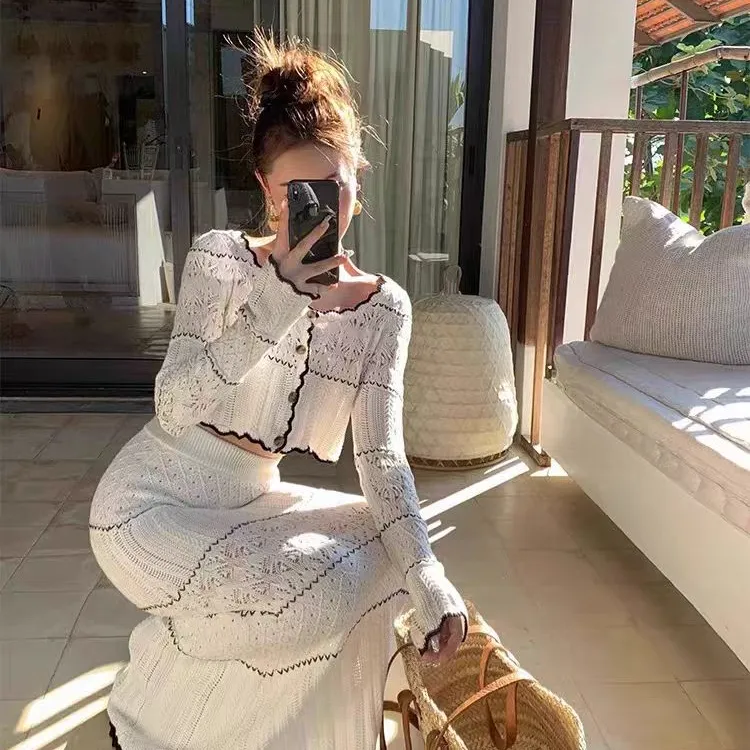 气质小香风针织套装白色女装早秋两件套百搭上衣裙子半身裙7289