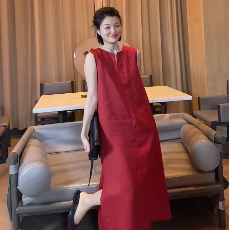 TANTAN  亚麻  气质侧摆开叉红色无袖连衣裙 XD  2202