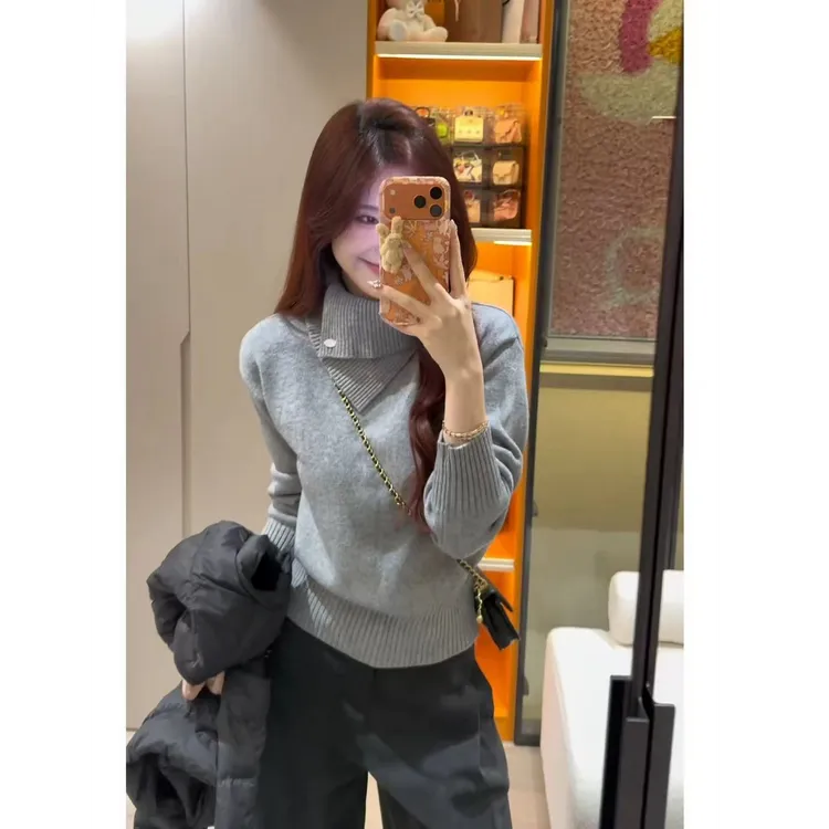 法式不规则灰色高领套头毛衣女秋冬加厚保暖慵懒风翻领针织衫上衣