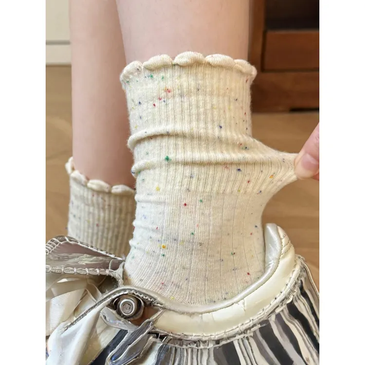 点子纱袜子女秋冬木耳边中筒袜ins潮非纯棉百搭花边长袜配德训鞋