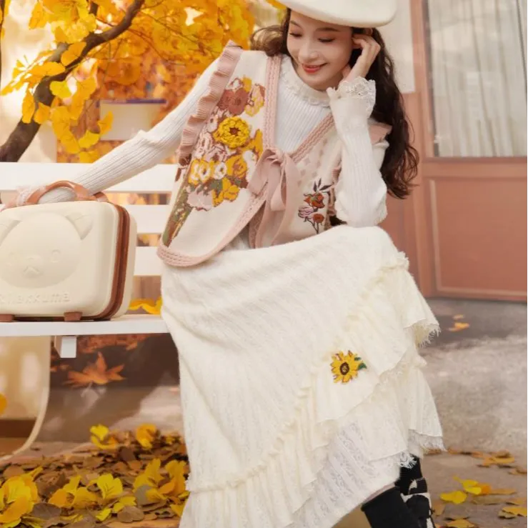 两三事蓝鸢仙葵裙子女装禅意仙气飘飘加绒加厚白色半身裙冬季新款