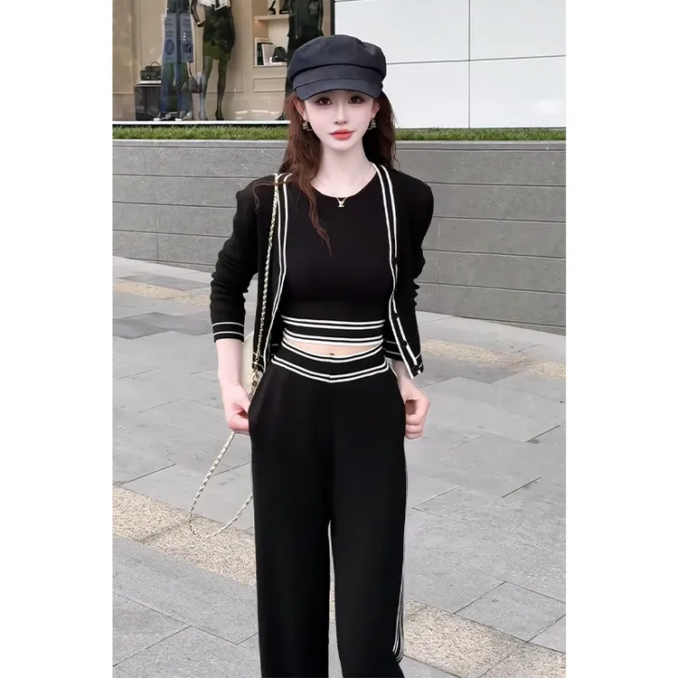 2025秋季新款韩系穿搭条纹长袖针织开衫内搭吊带背心高腰阔腿长裤