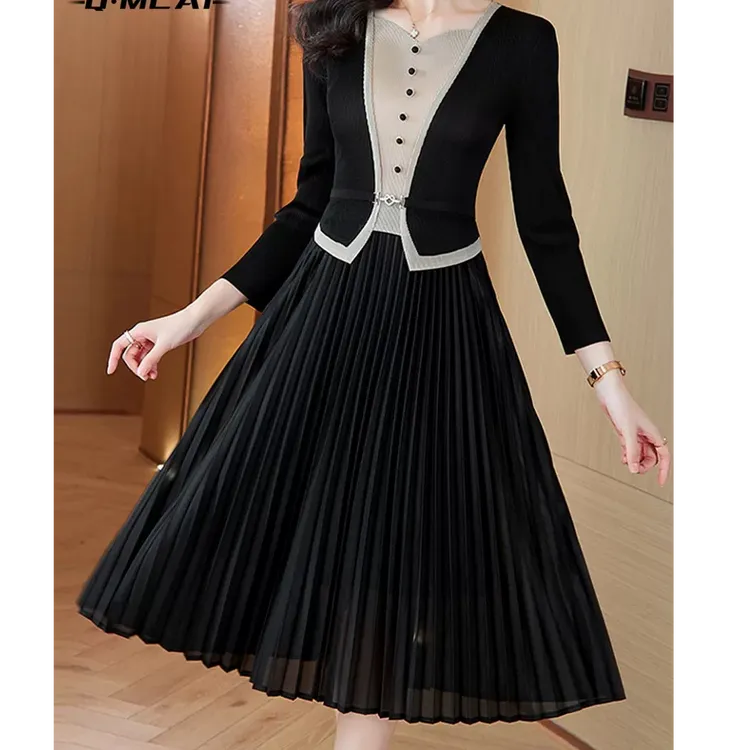 H2720春秋新款时尚拼接长袖假两件舒适减龄显瘦百褶裙