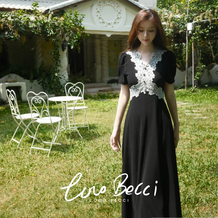 COCO BECCI【夜宴缪斯】醋酸莫代尔蕾丝细闪舒适透气连衣裙CGB27242