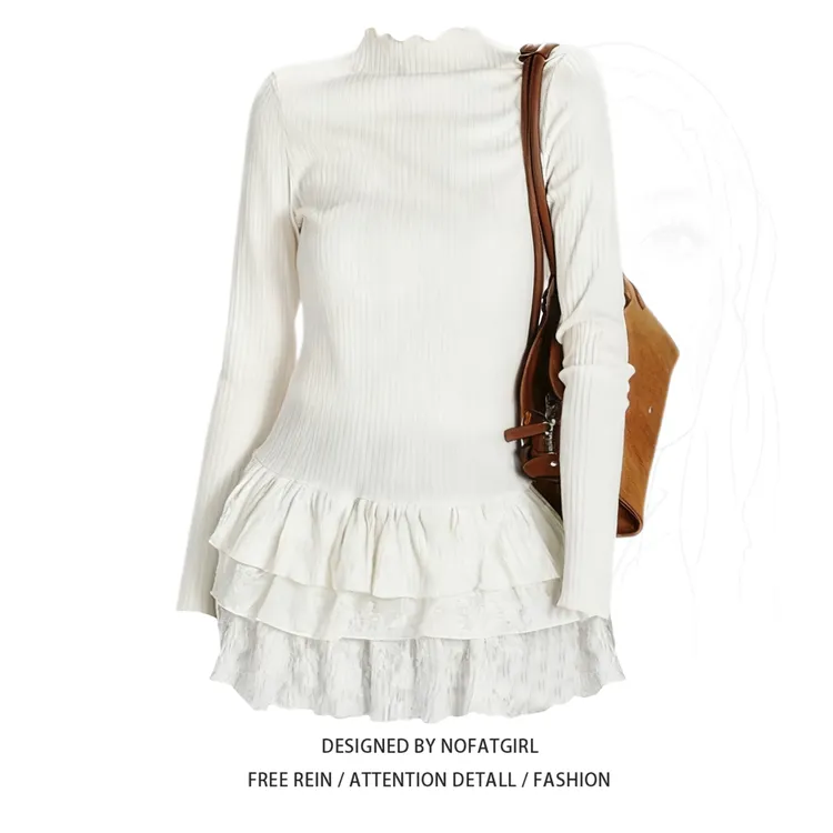 大码胖MM韩系纯欲风半高领长袖t恤女秋冬花边叠穿修身内搭打底衫