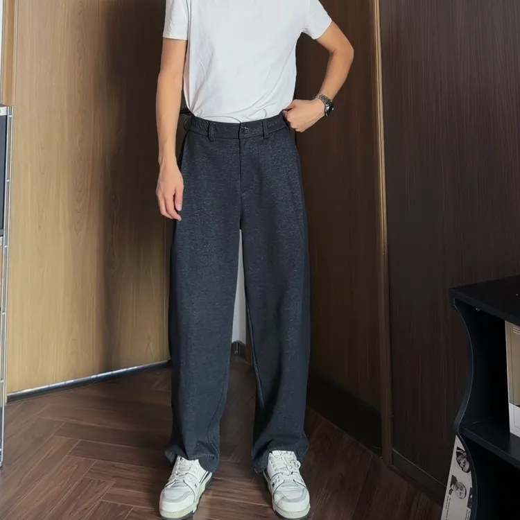 冬季加绒垂感休闲卫裤男简约立体裁剪慵懒风宽松直筒裤子