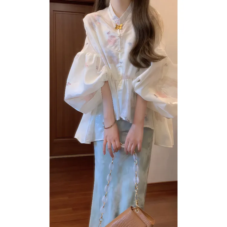 温柔仙气超显瘦禅意套装新中式宽松开衫上衣女蓝色半裙两件套9061