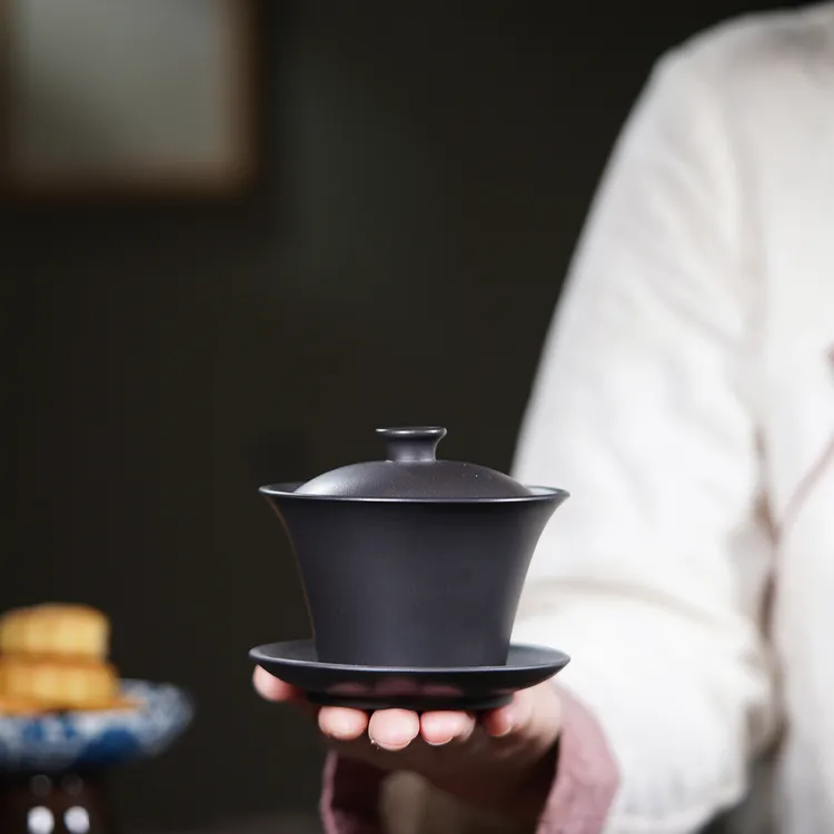 宜兴紫砂 | 原矿全手工 九斋石黄三才盖碗