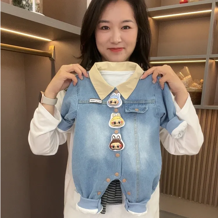 春秋新款韩版翻领三只拉布牛仔长袖连体男女宝宝婴幼儿哈衣爬爬服